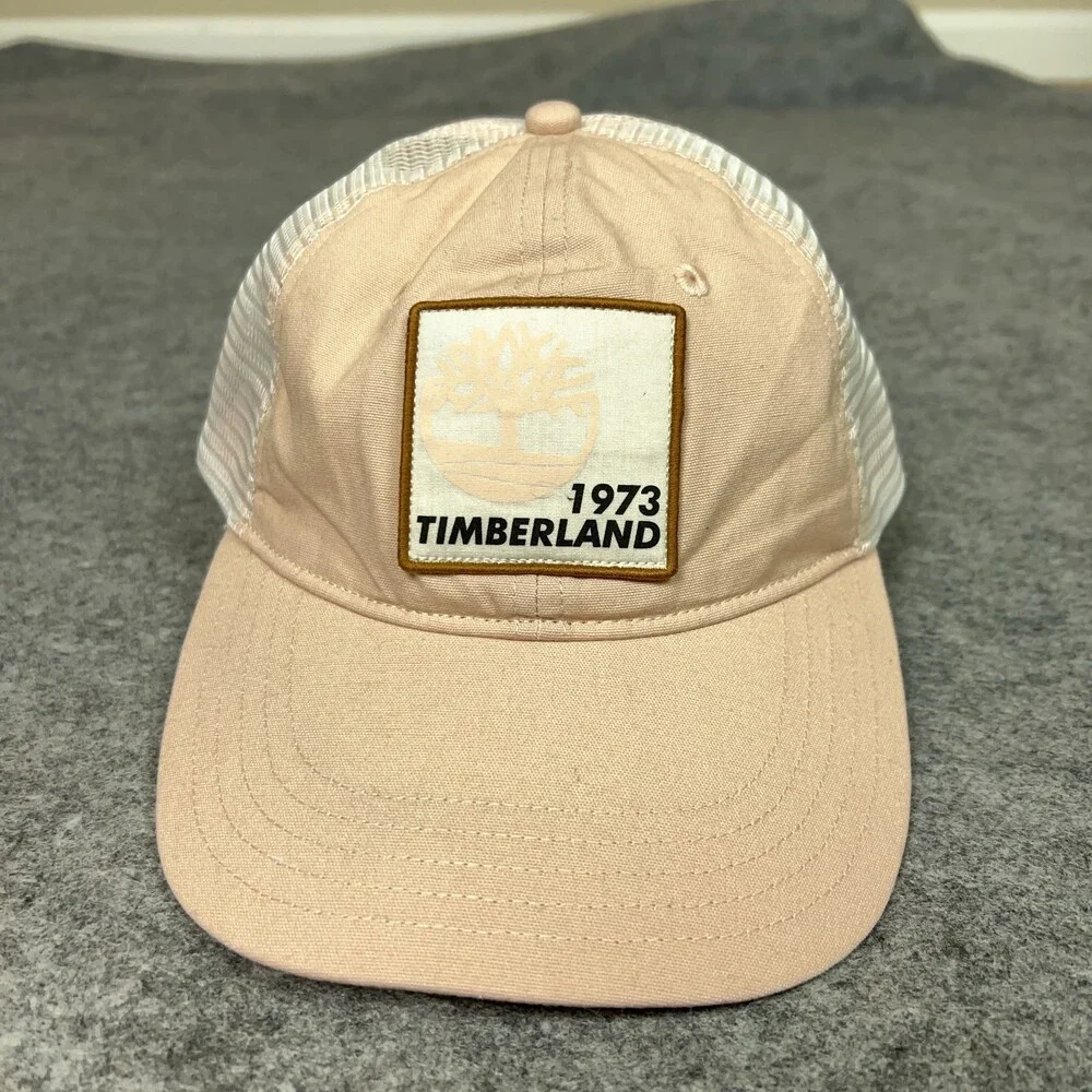 Timberland‎ Hat Cap Snap Back Pink White Mesh Trucker Patch 1973 Logo Mens